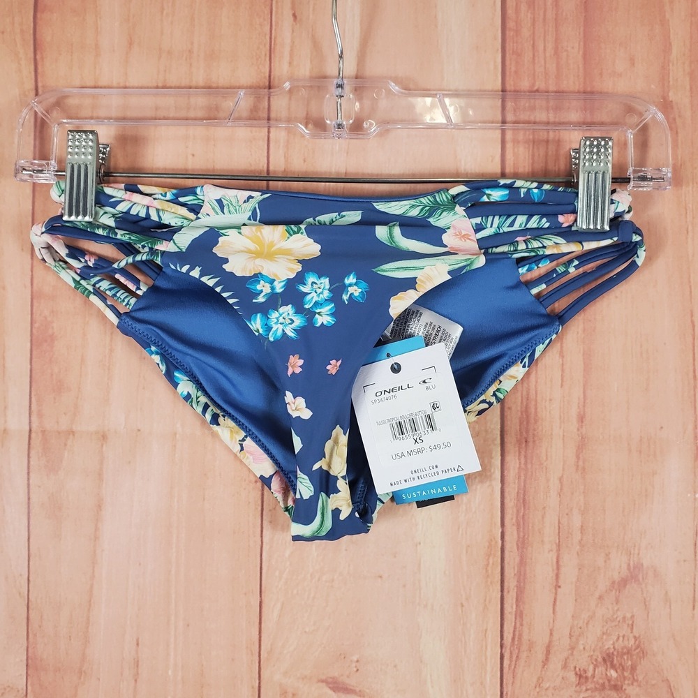 O'Neill Tulum Womens Swim Bottom XS Blue Tropical Print Stretch Pull On Swimsuit